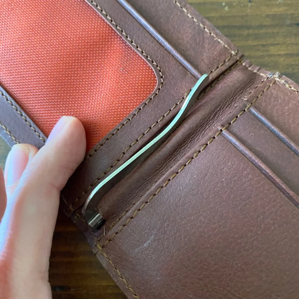 Colombian Leather Brown Bifold Wallet with Money Clip and Pull Tab Orange Accent